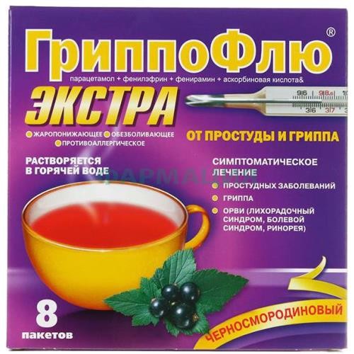 Гриппофлю экстра от простуды и гриппа порошок для приготовления раствора для приема внутрь 13г №8 черн. смородина Гриппофлю экстра от простуды и гриппа порошок для приготовления раствора для приема внутрь 13г №8 черн. смородина