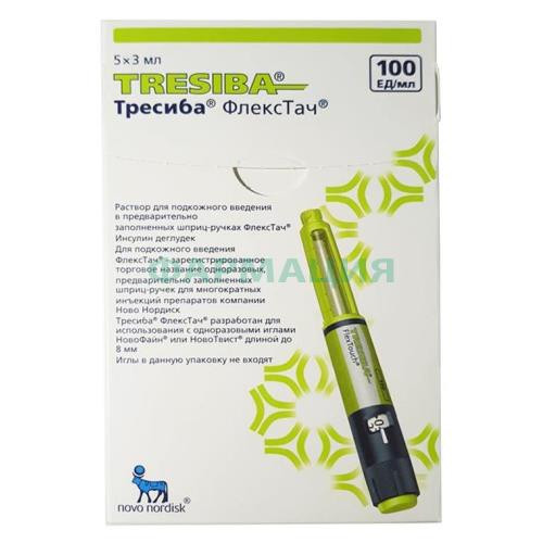 Тресиба раствор для подкожного введения 100ед/мл 3мл №5 шприц флекстач Тресиба раствор для подкожного введения 100ед/мл 3мл №5 шприц флекстач