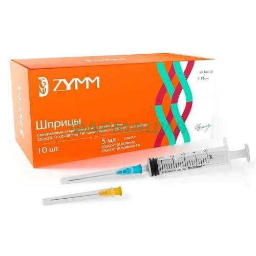 Цзянсу шприц одноразовый стерильный 5мл №10 3-х комп с двумя иглами 25g 0,5х38мм  +  23g 0,6х38мм