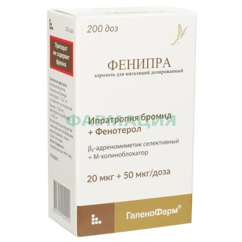 Фенипра аэрозоль для ингаляций дозированный 20 мкг + 50 мкг/доза 200 доз в комплекте с распылителем для противоастматических препаратов со счетчиком доз или без, со спейсером или без